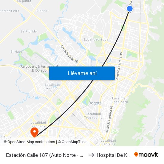 Estación Calle 187 (Auto Norte - Cl 187 Bis) (A) to Hospital De Kennedy map