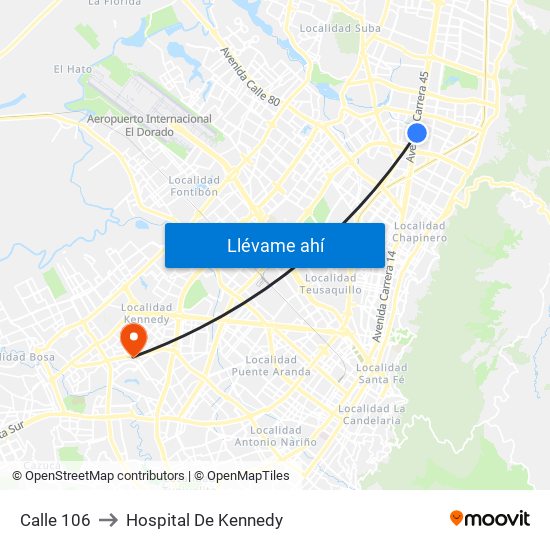 Calle 106 to Hospital De Kennedy map