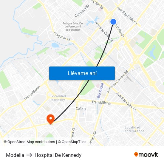 Modelia to Hospital De Kennedy map