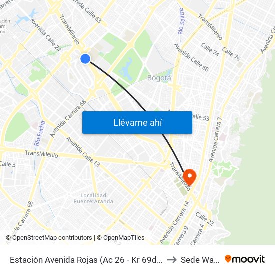 Estación Avenida Rojas (Ac 26 - Kr 69d Bis) (B) to Sede Wayuu map