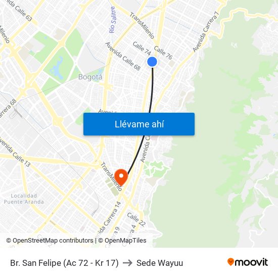 Br. San Felipe (Ac 72 - Kr 17) to Sede Wayuu map