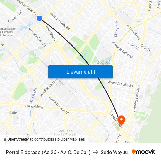 Portal Eldorado (Ac 26 - Av. C. De Cali) to Sede Wayuu map