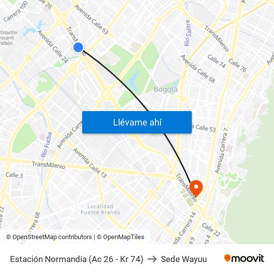 Estación Normandía (Ac 26 - Kr 74) to Sede Wayuu map