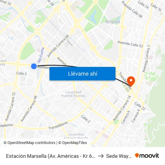 Estación Marsella (Av. Américas - Kr 69b) to Sede Wayuu map