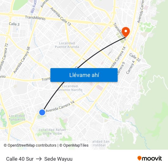 Calle 40 Sur to Sede Wayuu map