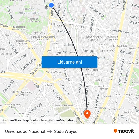 Universidad Nacional to Sede Wayuu map