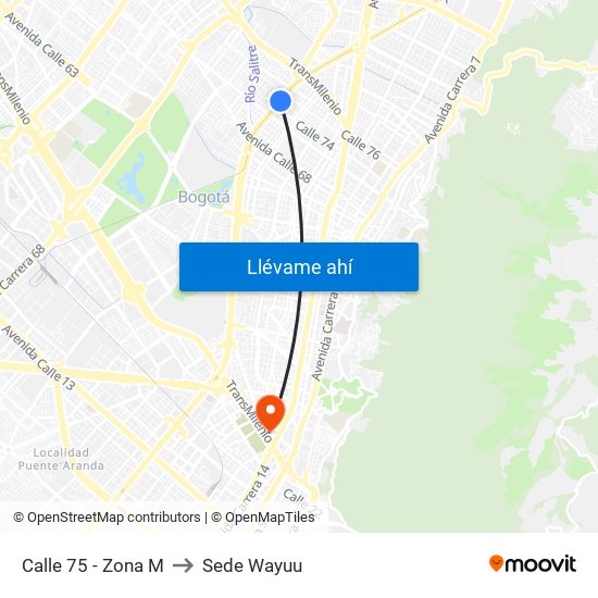 Calle 75 - Zona M to Sede Wayuu map