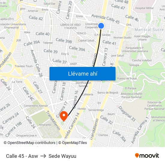 Calle 45 - Asw to Sede Wayuu map