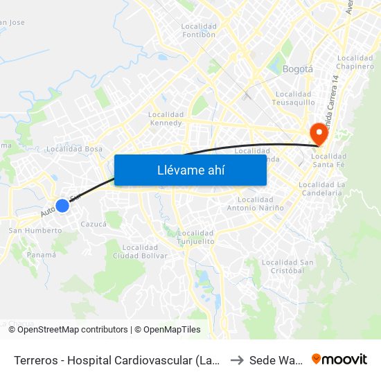 Terreros - Hospital Cardiovascular (Lado Sur) to Sede Wayuu map