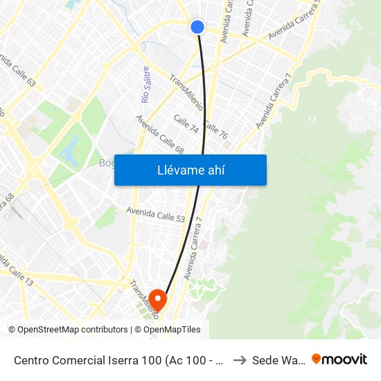 Centro Comercial Iserra 100 (Ac 100 - Kr 54) (B) to Sede Wayuu map