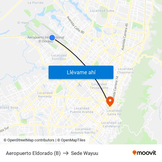 Aeropuerto Eldorado (B) to Sede Wayuu map