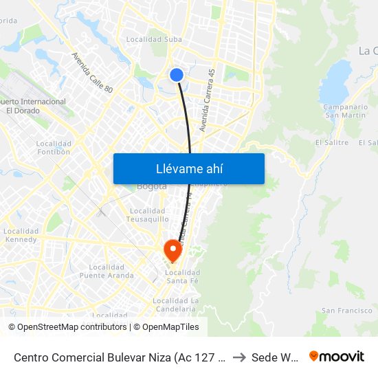 Centro Comercial Bulevar Niza (Ac 127 - Av. Suba) to Sede Wayuu map