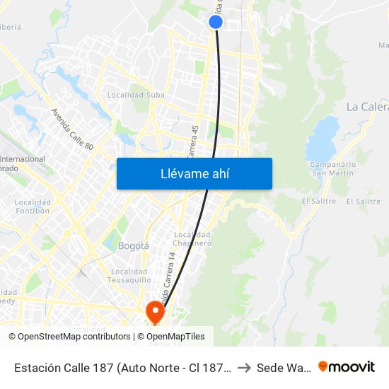 Estación Calle 187 (Auto Norte - Cl 187 Bis) (A) to Sede Wayuu map