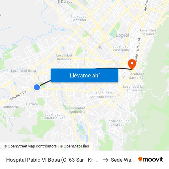 Hospital Pablo VI Bosa (Cl 63 Sur - Kr 77g) (A) to Sede Wayuu map