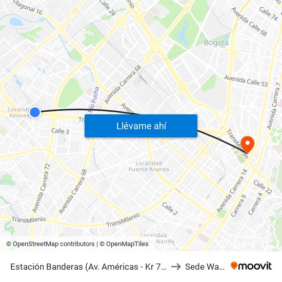 Estación Banderas (Av. Américas - Kr 78a) (A) to Sede Wayuu map