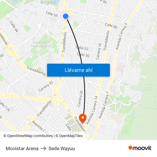 Movistar Arena to Sede Wayuu map