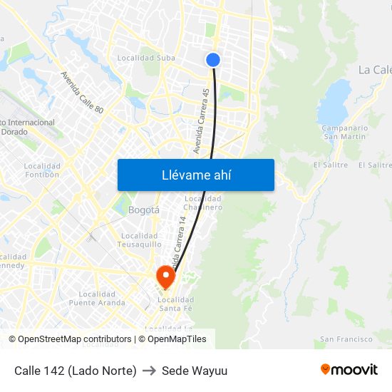 Calle 142 (Lado Norte) to Sede Wayuu map