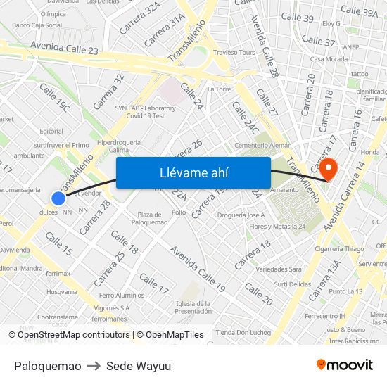Paloquemao to Sede Wayuu map