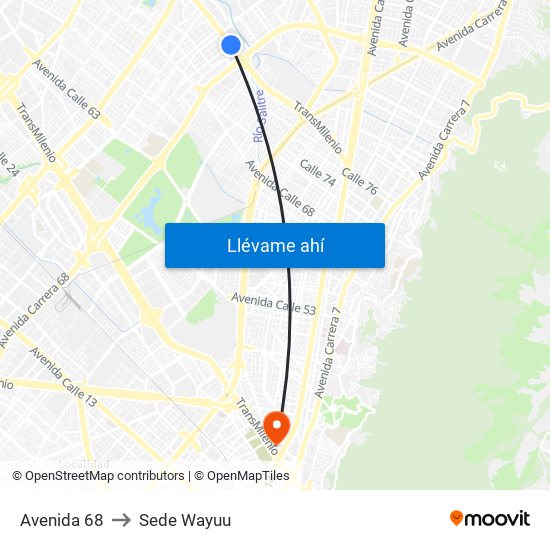 Avenida 68 to Sede Wayuu map