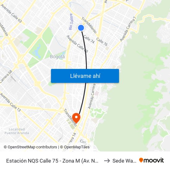 Estación NQS Calle 75 - Zona M (Av. NQS - Cl 75) to Sede Wayuu map