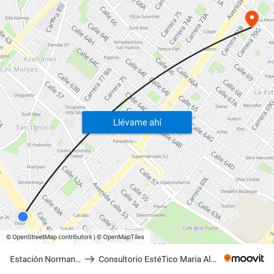 Estación Normandía (Ac 26 - Kr 74) to Consultorio EstéTico Maria Alexandra Vargas Salud y Belleza map
