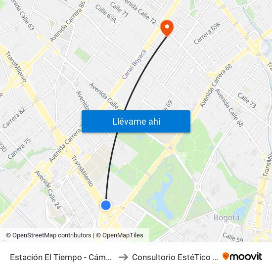 Estación El Tiempo - Cámara De Comercio De Bogotá (Ac 26 - Kr 68b Bis) to Consultorio EstéTico Maria Alexandra Vargas Salud y Belleza map