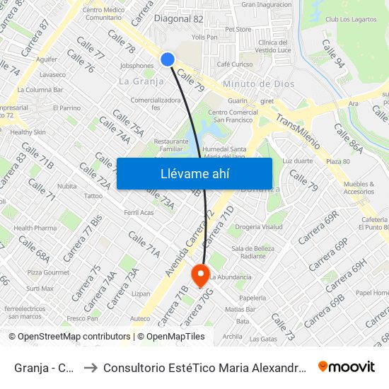 Granja - Carrera 77 to Consultorio EstéTico Maria Alexandra Vargas Salud y Belleza map