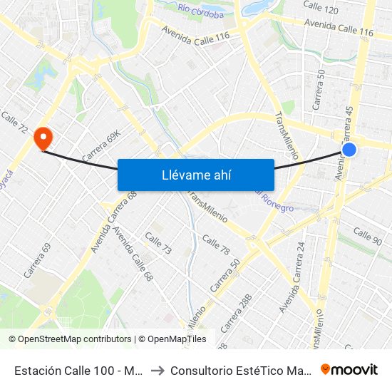 Estación Calle 100 - Marketmedios (Auto Norte - Cl 98) to Consultorio EstéTico Maria Alexandra Vargas Salud y Belleza map