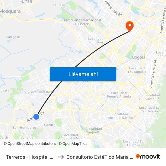 Terreros - Hospital Cardiovascular (Lado Sur) to Consultorio EstéTico Maria Alexandra Vargas Salud y Belleza map