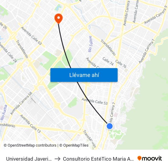 Universidad Javeriana (Ak 7 - Cl 40) (B) to Consultorio EstéTico Maria Alexandra Vargas Salud y Belleza map