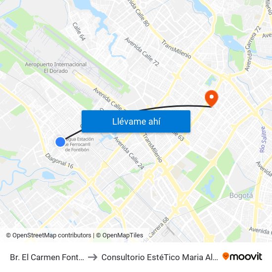 Br. El Carmen Fontibón (Cl 17 - Kr 100) to Consultorio EstéTico Maria Alexandra Vargas Salud y Belleza map