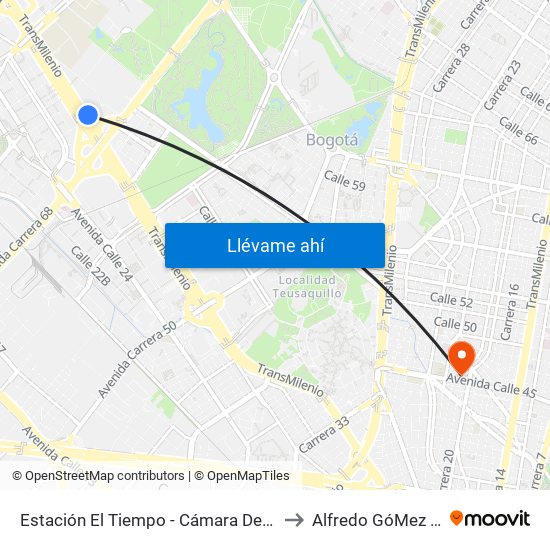 Estación El Tiempo - Cámara De Comercio De Bogotá (Ac 26 - Kr 68b Bis) to Alfredo GóMez Lozano Fisoterapeuta map