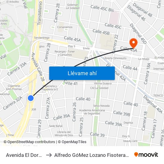 Avenida El Dorado to Alfredo GóMez Lozano Fisoterapeuta map