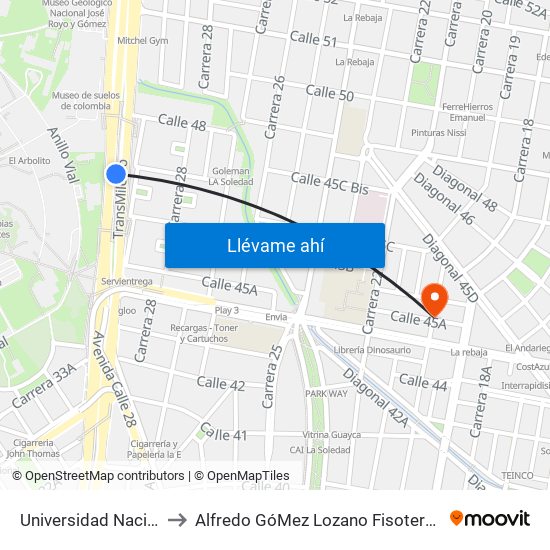 Universidad Nacional to Alfredo GóMez Lozano Fisoterapeuta map