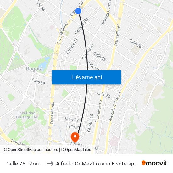 Calle 75 - Zona M to Alfredo GóMez Lozano Fisoterapeuta map