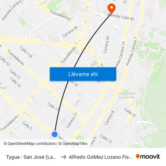 Tygua - San José (Lado Norte) to Alfredo GóMez Lozano Fisoterapeuta map