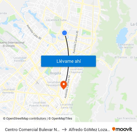 Centro Comercial Bulevar Niza (Ac 127 - Av. Suba) to Alfredo GóMez Lozano Fisoterapeuta map