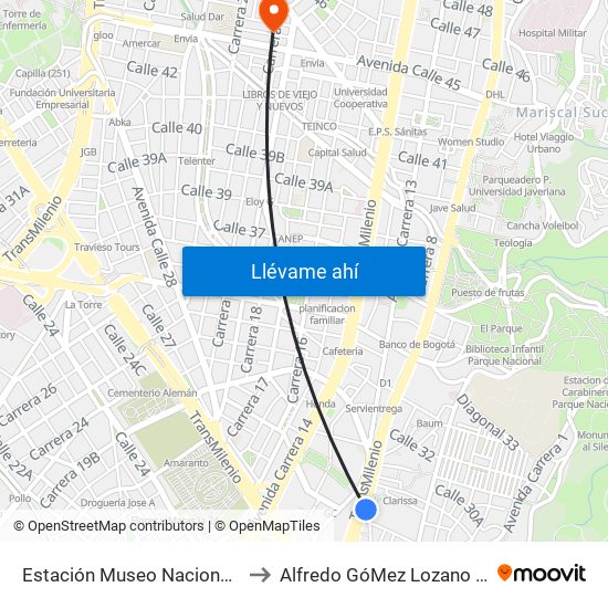 Estación Museo Nacional (Ak 7 - Cl 29) to Alfredo GóMez Lozano Fisoterapeuta map