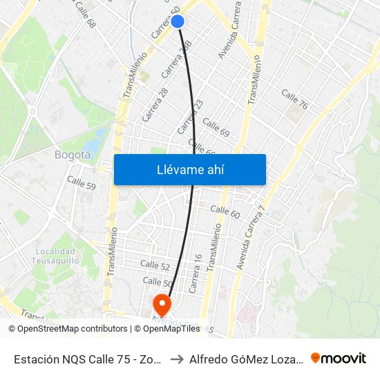 Estación NQS Calle 75 - Zona M (Av. NQS - Cl 75) to Alfredo GóMez Lozano Fisoterapeuta map