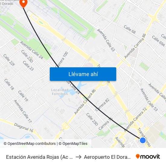 Estación Avenida Rojas (Ac 26 - Kr 69d Bis) (B) to Aeropuerto El Dorado: Terminal T2 map