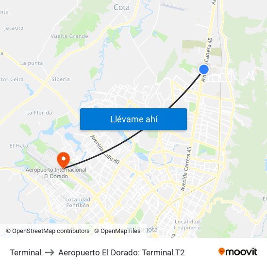 Terminal to Aeropuerto El Dorado: Terminal T2 map