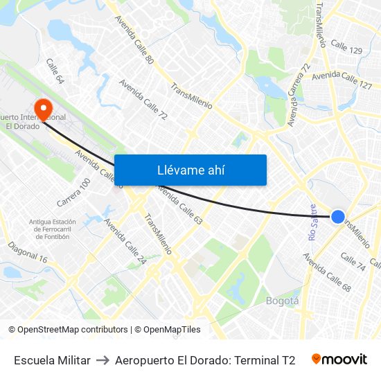 Escuela Militar to Aeropuerto El Dorado: Terminal T2 map