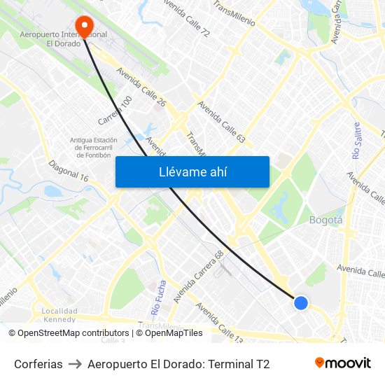 Corferias to Aeropuerto El Dorado: Terminal T2 map