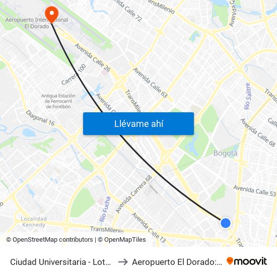 Ciudad Universitaria - Lotería De Bogotá to Aeropuerto El Dorado: Terminal T2 map