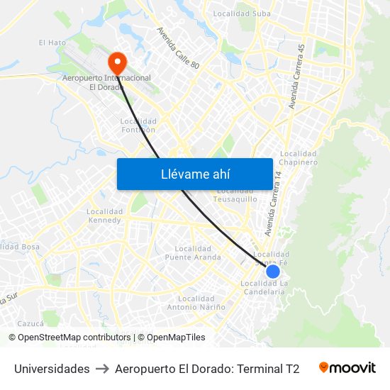 Universidades to Aeropuerto El Dorado: Terminal T2 map