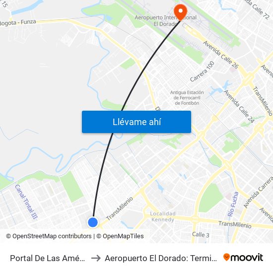 Portal De Las Américas to Aeropuerto El Dorado: Terminal T2 map