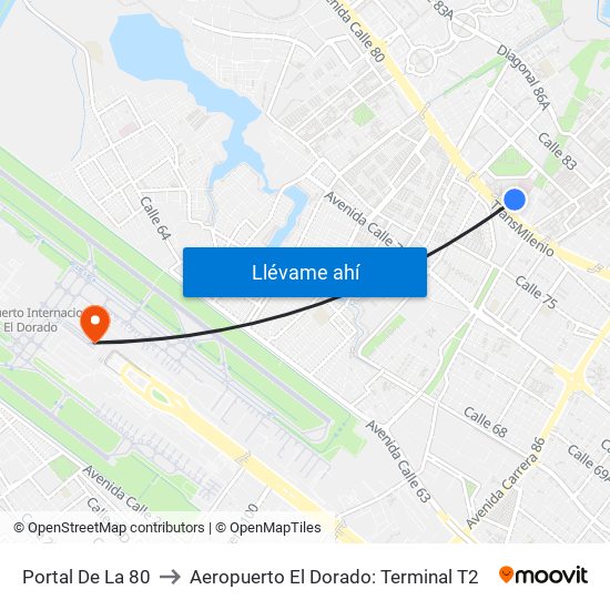 Portal De La 80 to Aeropuerto El Dorado: Terminal T2 map