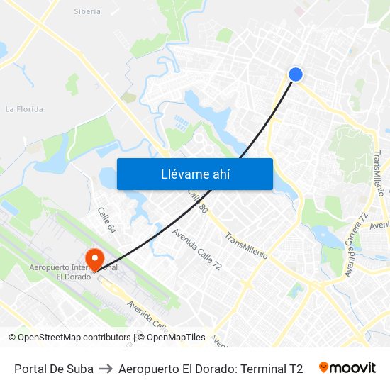 Portal De Suba to Aeropuerto El Dorado: Terminal T2 map