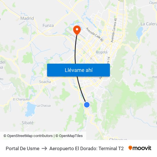 Portal De Usme to Aeropuerto El Dorado: Terminal T2 map