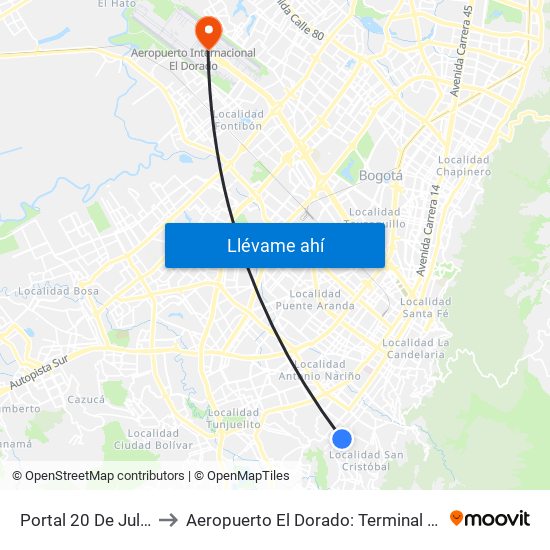 Portal 20 De Julio to Aeropuerto El Dorado: Terminal T2 map